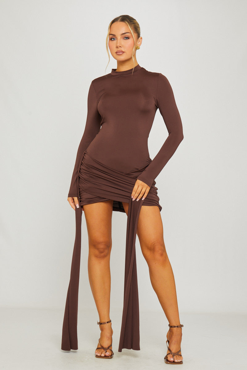 Valantomode | Chic Brown Draped Mini Dress with High Neck & Long Sleeves