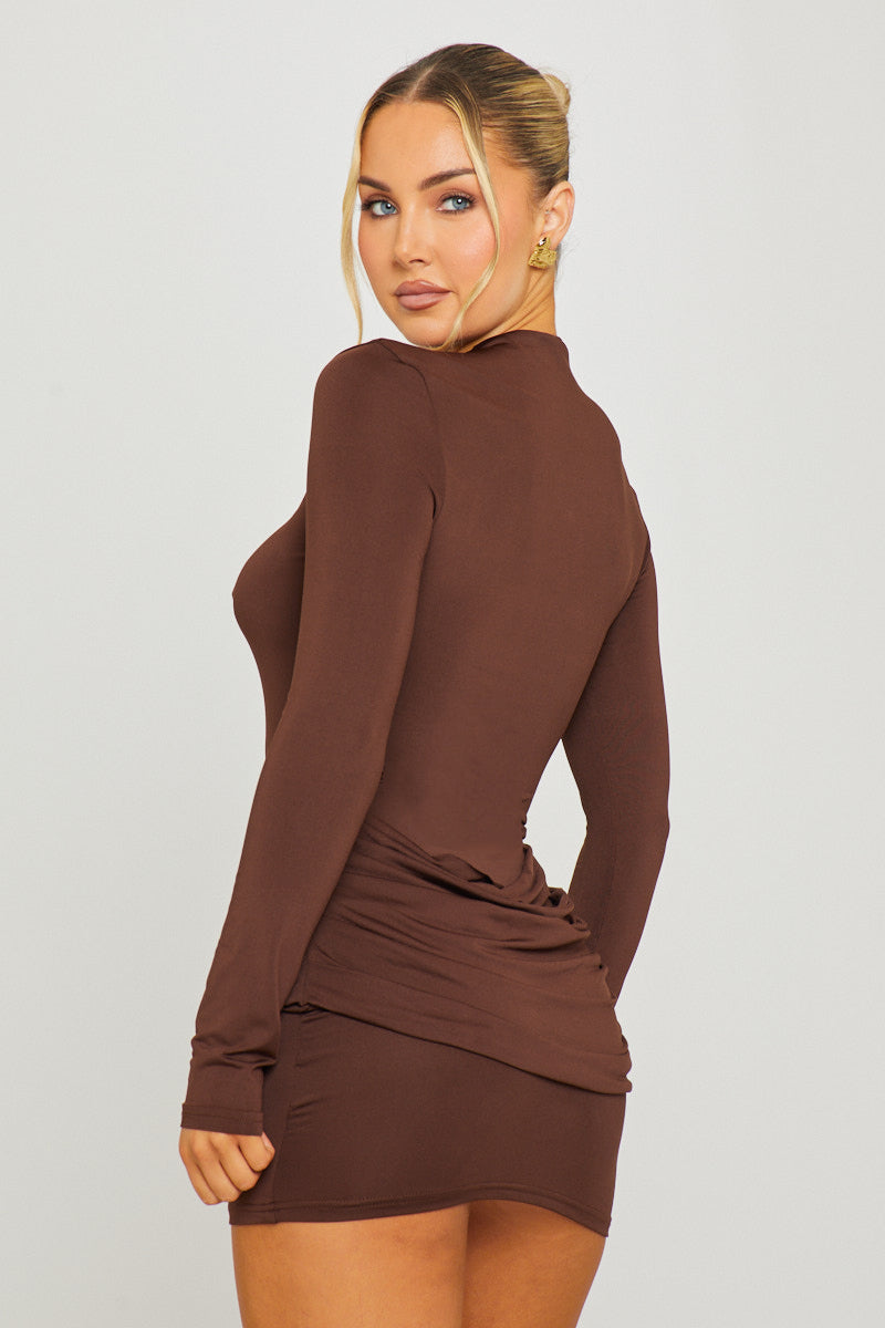 Valantomode | Chic Brown Bodycon Mini Dress with Drape Waist Design
