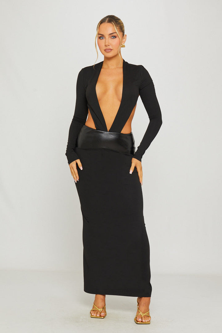 Valantomode | Chic Black Plunge Neck Leather Maxi Dress with Waist Detail