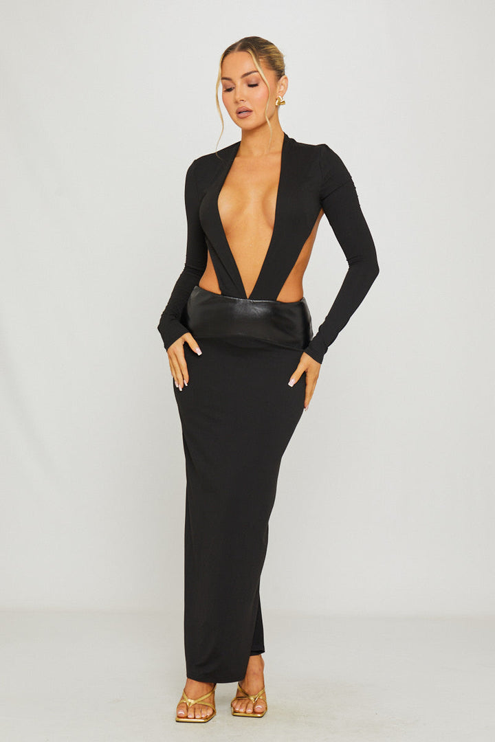 Valantomode | Chic Black Plunge Neck Leather Maxi Dress with Waist Detail