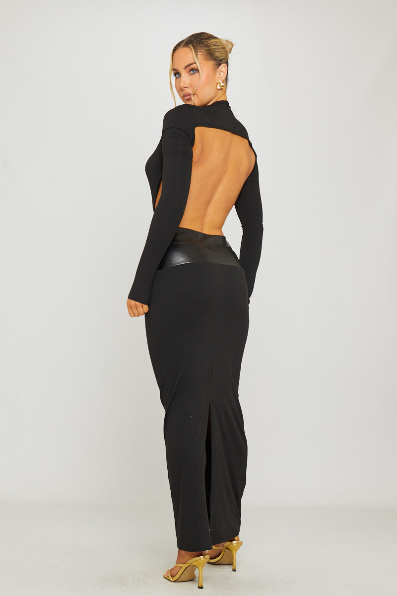 Valantomode | Chic Black Plunge Neck Leather Maxi Dress with Waist Detail