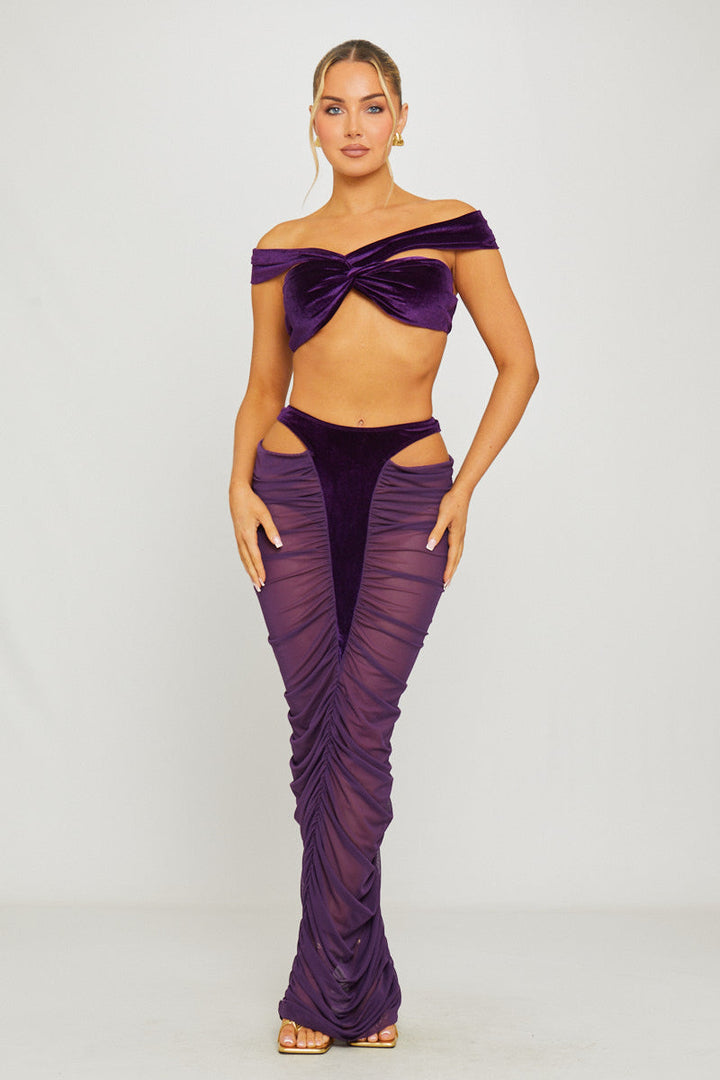 Valantomode | Chic Purple Velvet Cut-Out Top & Sheer Maxi Skirt Set