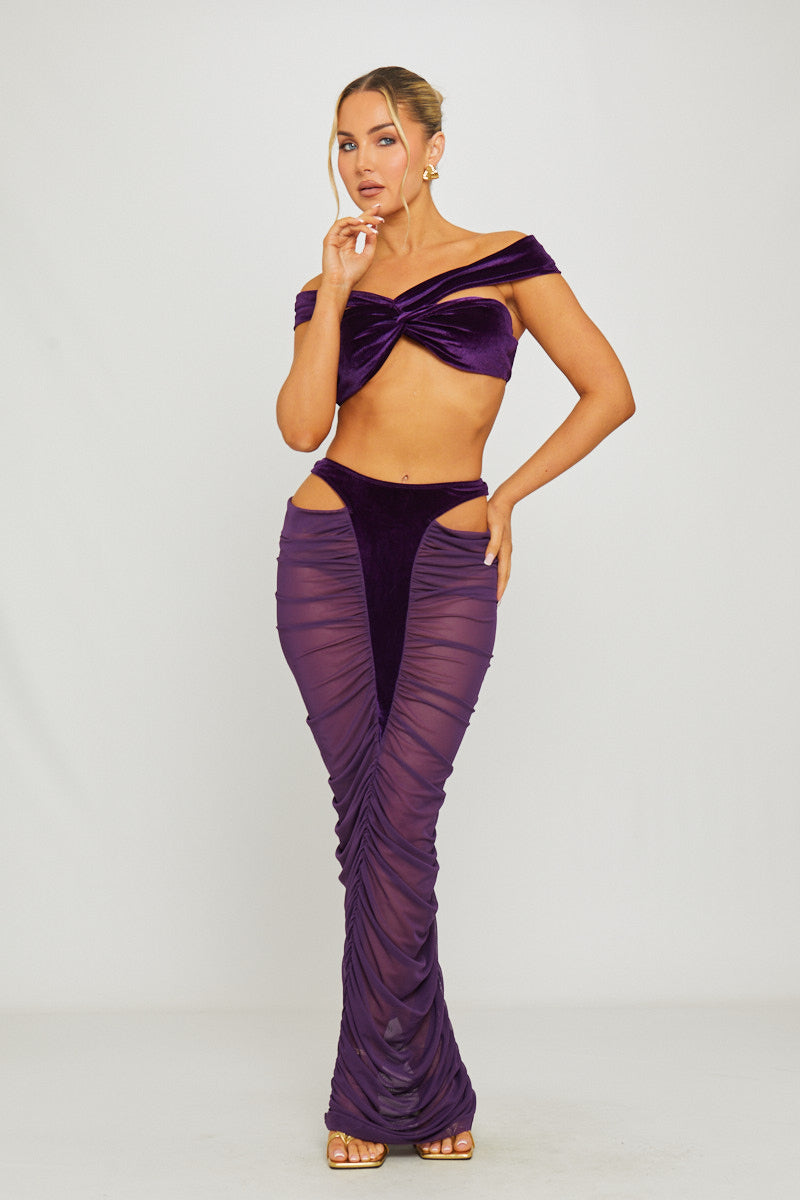 Valantomode | Chic Purple Velvet Cut-Out Top & Sheer Maxi Skirt Set