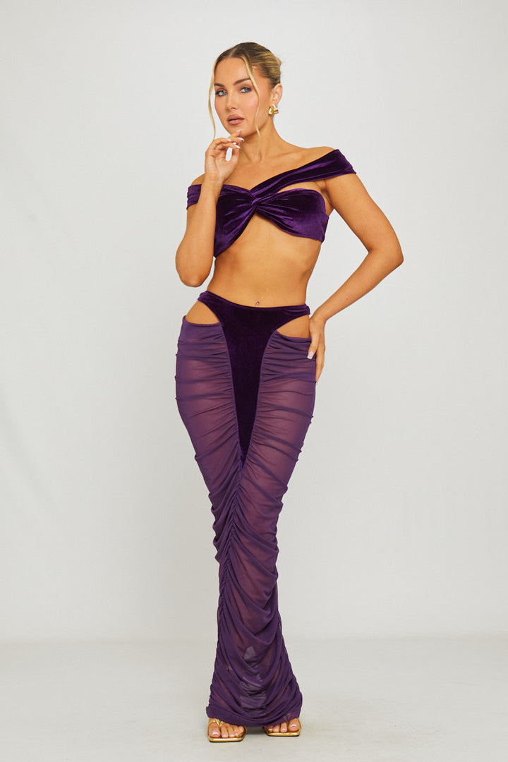 Valantomode | Chic Purple Velvet Cut-Out Top & Sheer Maxi Skirt Set