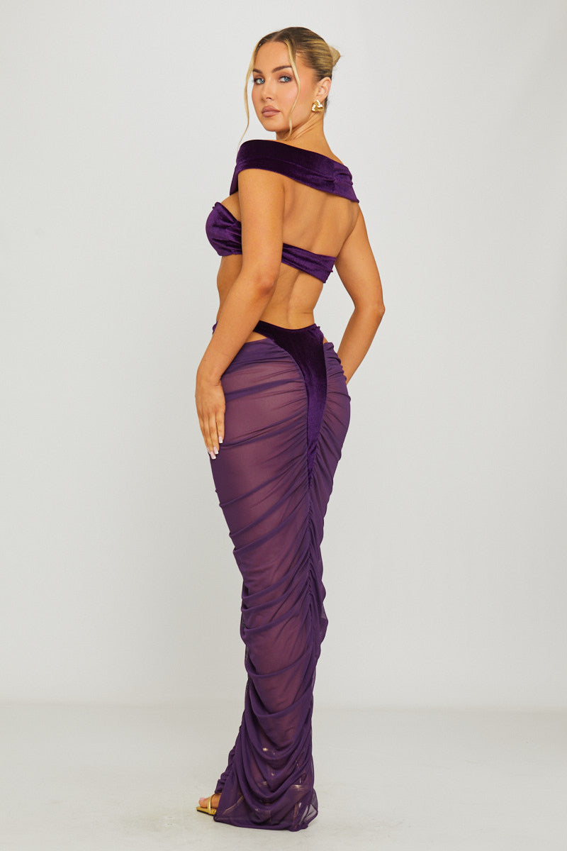 Valantomode | Chic Purple Velvet Cut-Out Top & Sheer Maxi Skirt Set