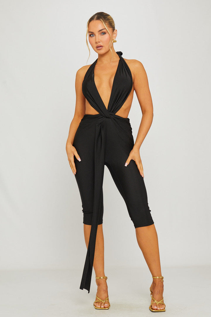 Valantomode | Elegant Black Deep Plunge Draped Capri Jumpsuit