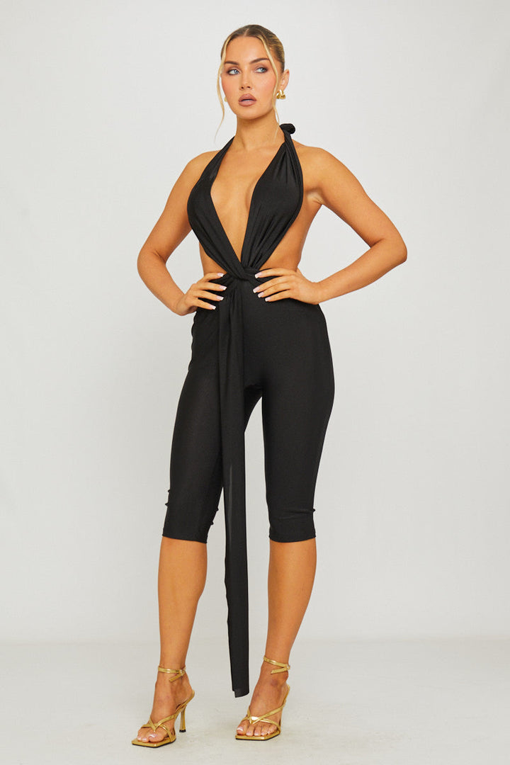 Valantomode | Elegant Black Deep Plunge Draped Capri Jumpsuit