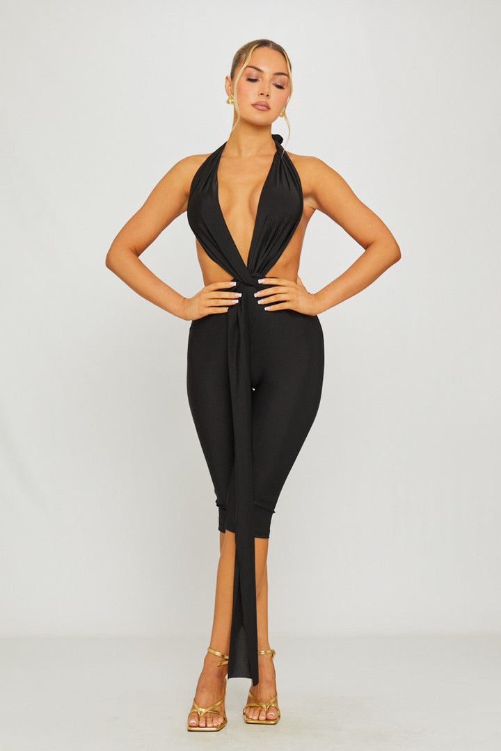 Valantomode | Elegant Black Deep Plunge Draped Capri Jumpsuit