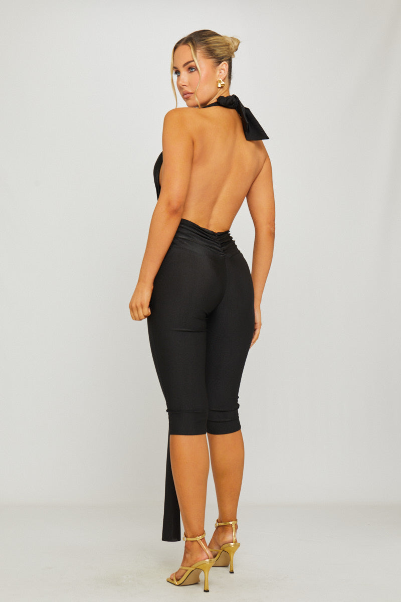 Valantomode | Elegant Black Deep Plunge Draped Capri Jumpsuit