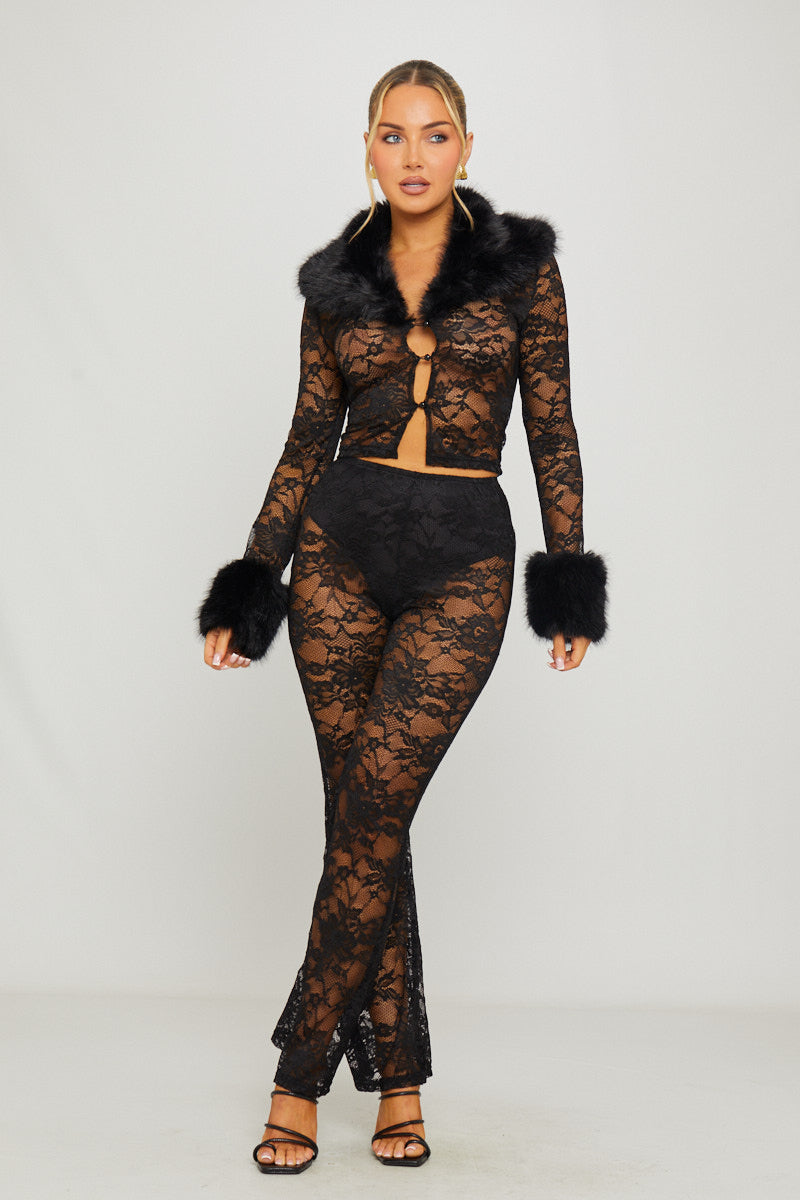 Valantomode | Chic Black Lace Cardigan & Flared Trousers Set