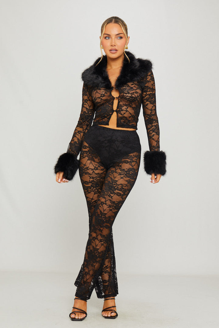 Valantomode | Chic Black Lace Cardigan & Flared Trousers Set