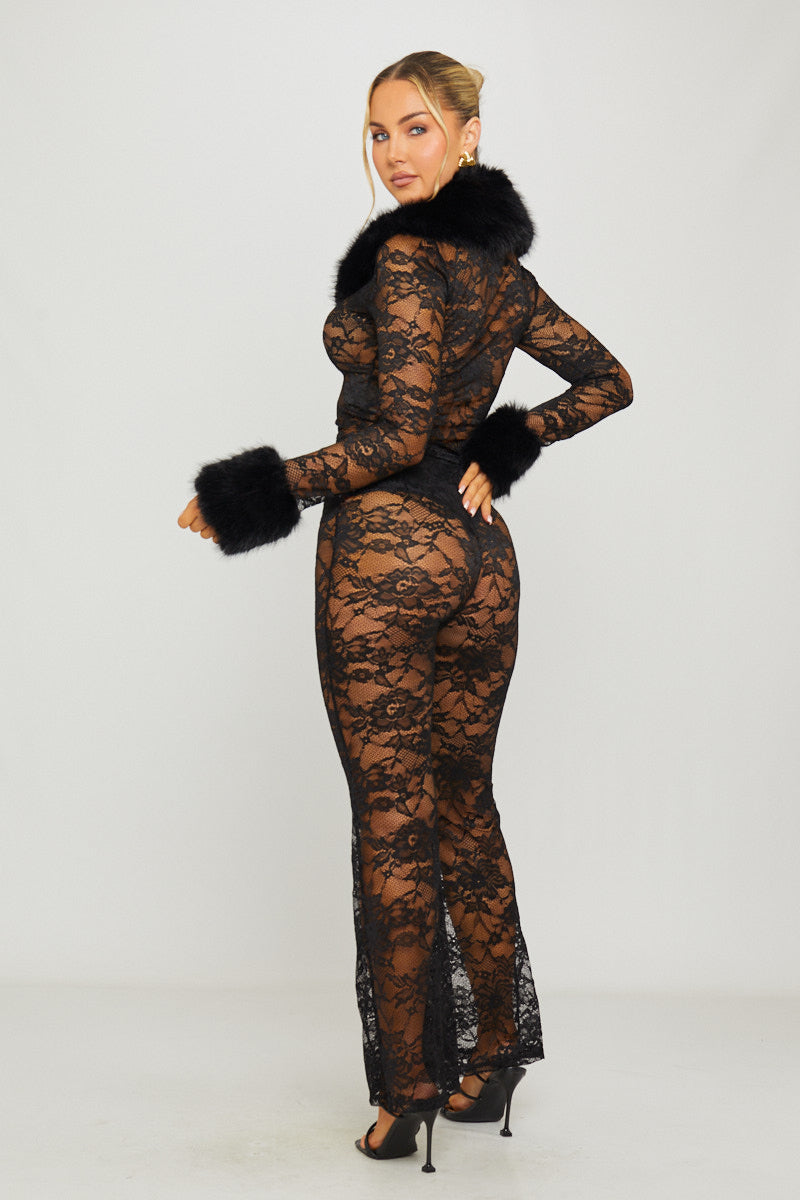 Valantomode | Chic Black Lace Cardigan & Flared Trousers Set