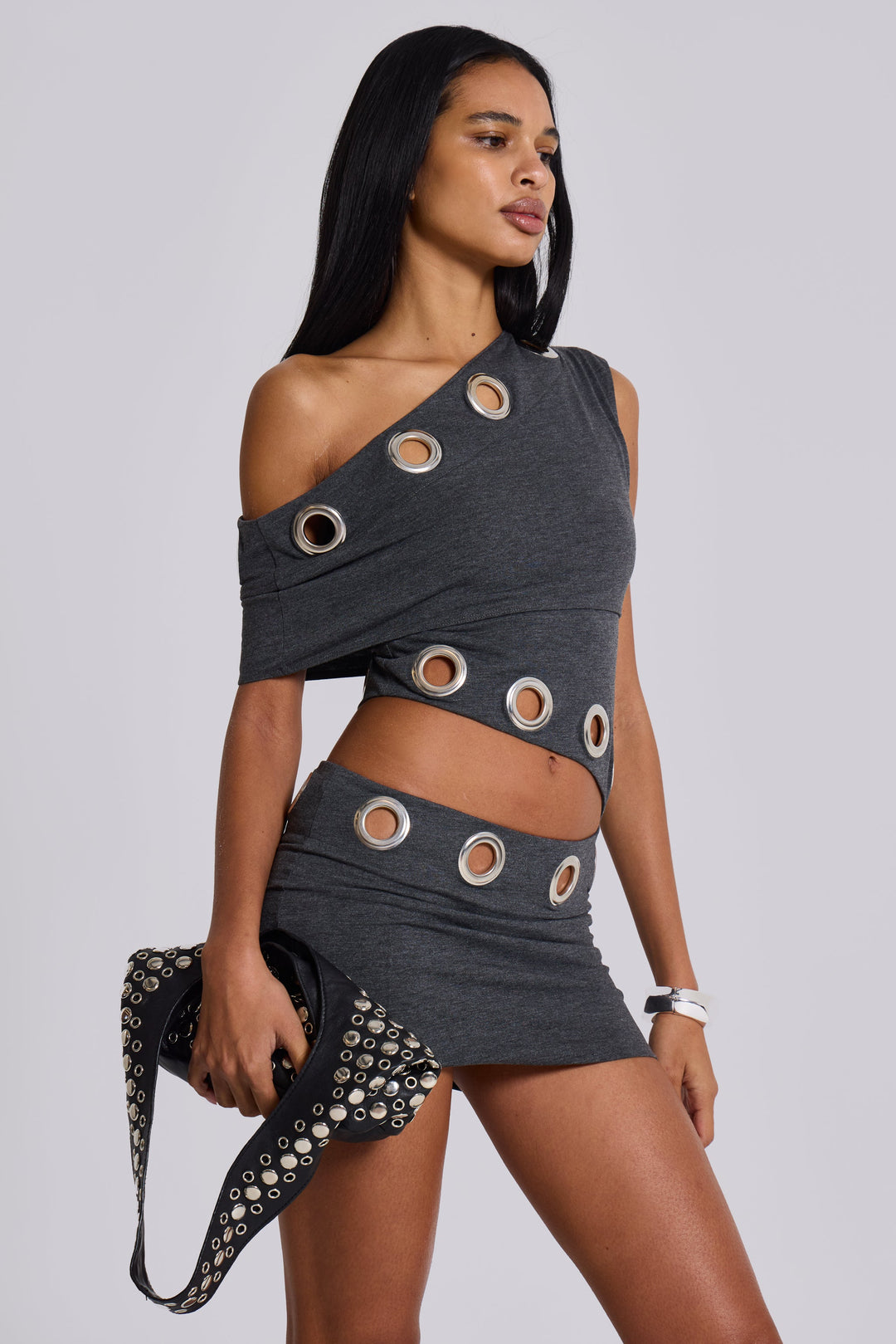 Valantomode | Chic Asymmetric Mini Dress with Stylish Eyelet Details
