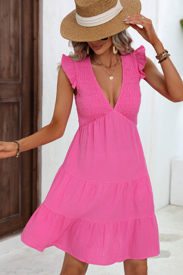 Valantomode | V Neck Smocked Ruffle Mini Dress for Effortless Style