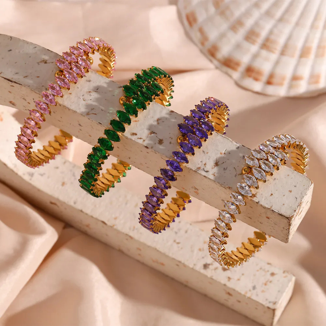 Valantomode | Plated Marquise Cuff Bracelet with Refractive Stone Architecture and Adjustable Geometry