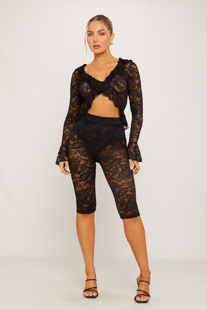 Valantomode | Chic Black Lace Ruffle Top & Capri Leggings Set