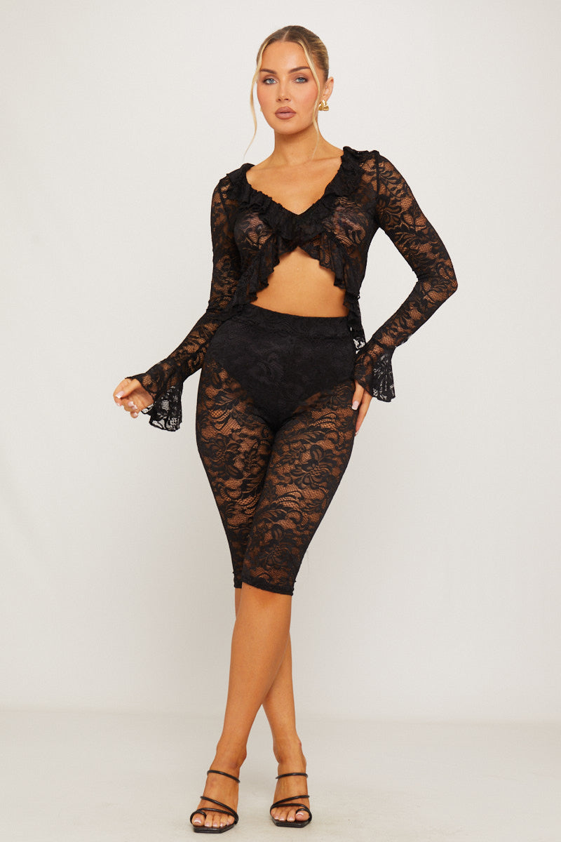Valantomode | Chic Black Lace Ruffle Top & Capri Leggings Set