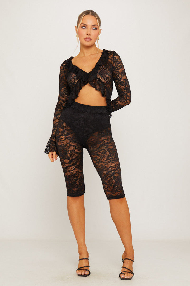 Valantomode | Chic Black Lace Ruffle Top & Capri Leggings Set