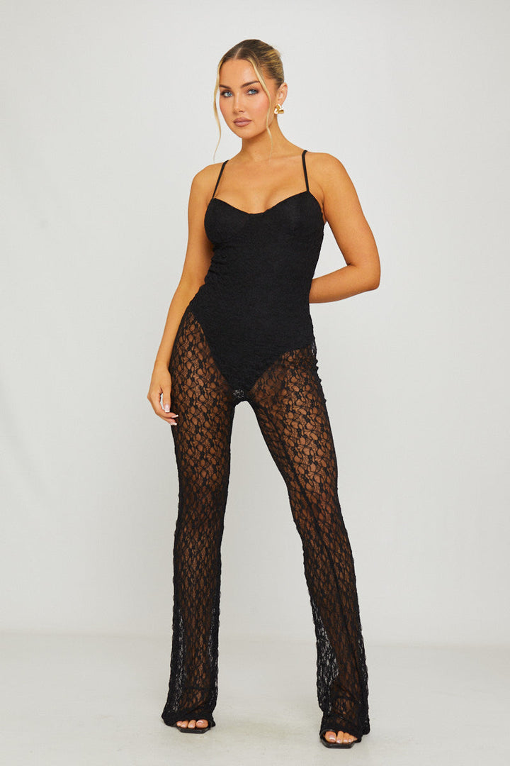 Valantomode | Elegant Black Sheer Lace Flare Leg Jumpsuit