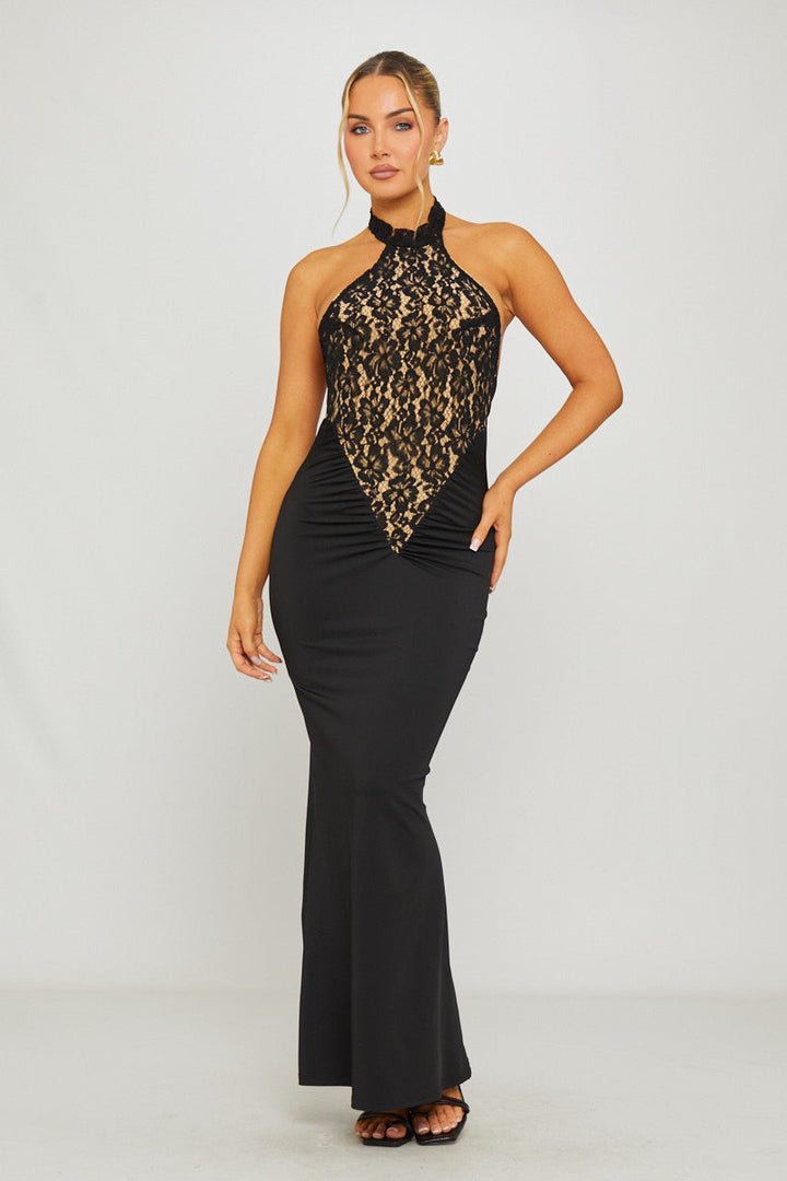 Valantomode | Elegant Black Lace Halterneck Maxi Dress with Open Back