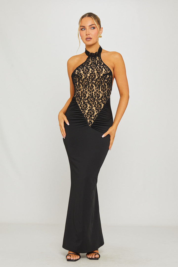 Valantomode | Elegant Black Lace Halterneck Maxi Dress with Open Back