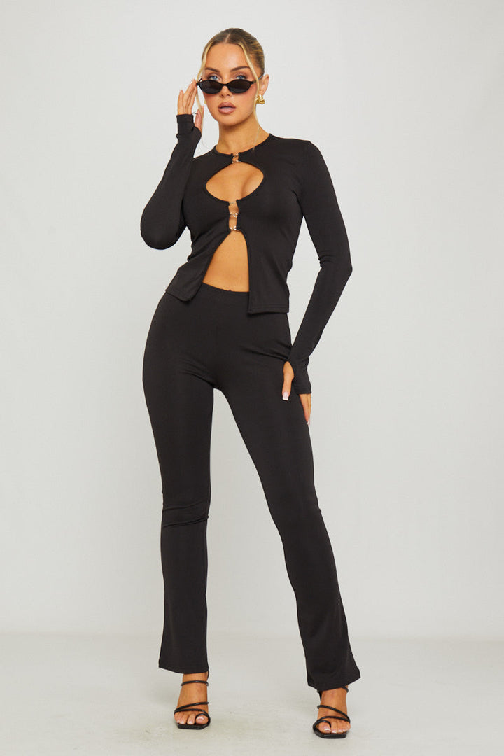 Valantomode | Chic Black Plunge Cut-Out Top & Trousers Set