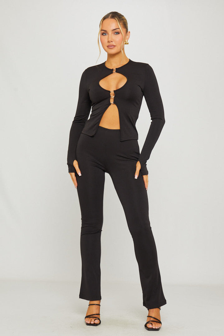 Valantomode | Chic Black Plunge Cut-Out Top & Trousers Set