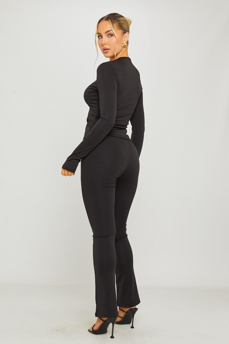 Valantomode | Chic Black Plunge Cut-Out Top & Trousers Set