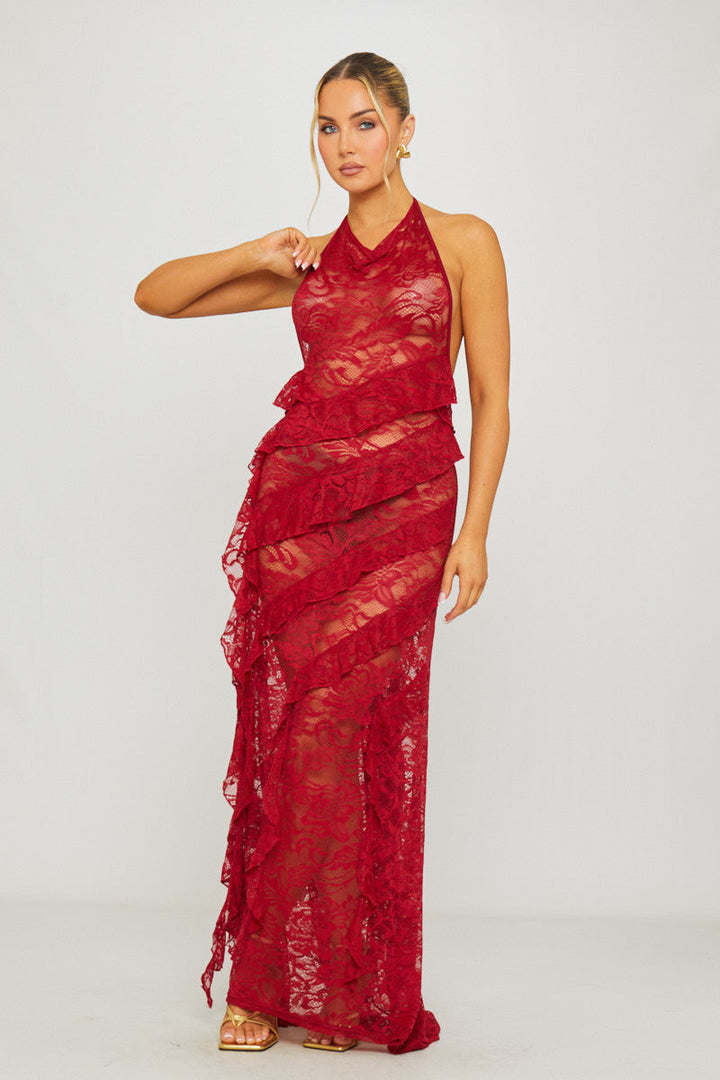 Valantomode | Elegant Wine Lace Halter Maxi Dress with Ruffle Trim
