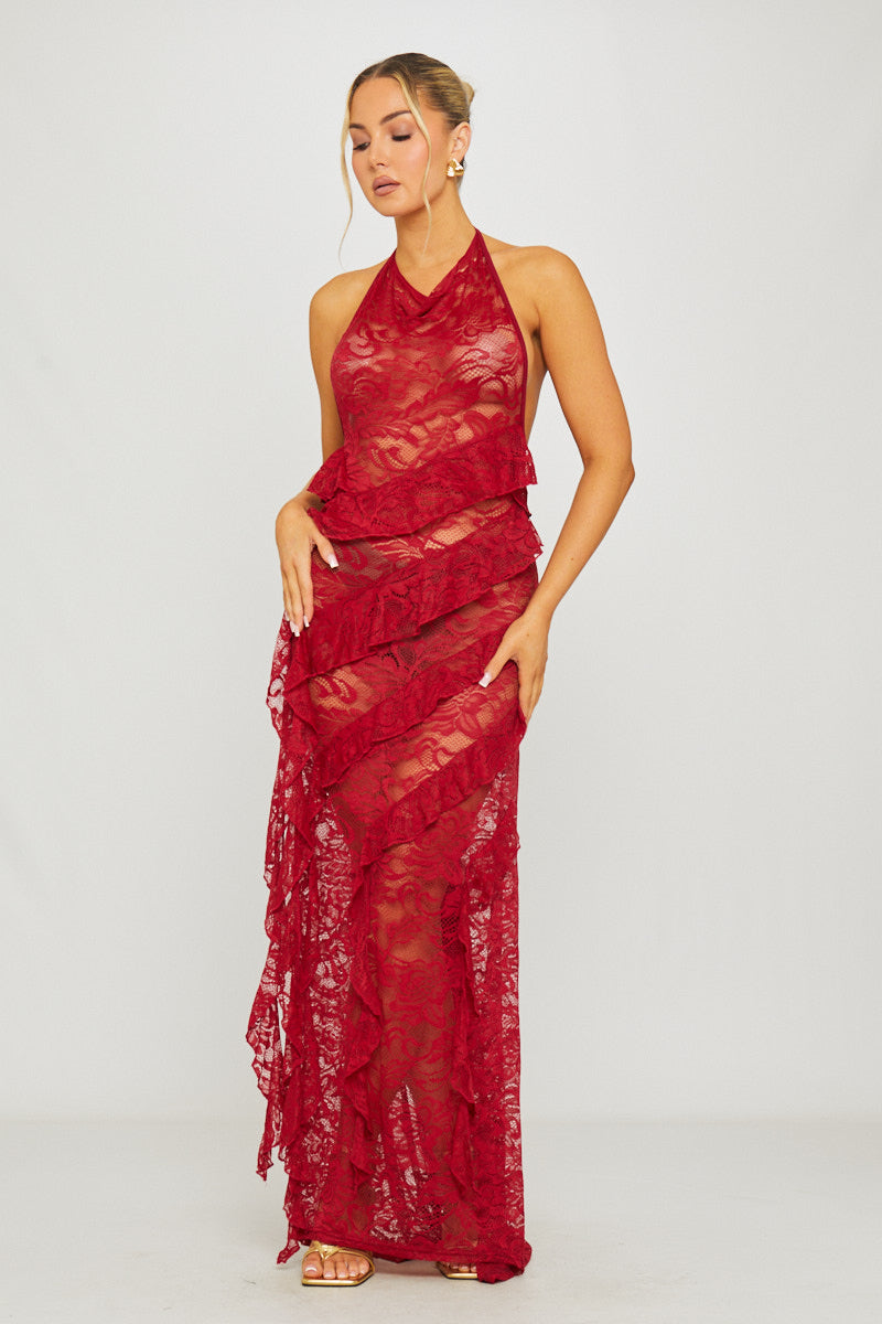 Valantomode | Elegant Wine Lace Halter Maxi Dress with Ruffle Trim