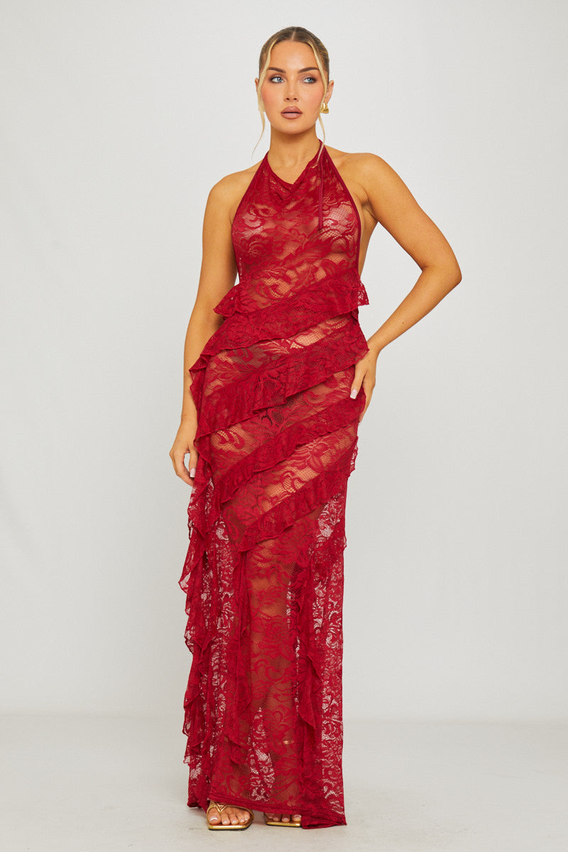 Valantomode | Elegant Wine Lace Halter Maxi Dress with Ruffle Trim