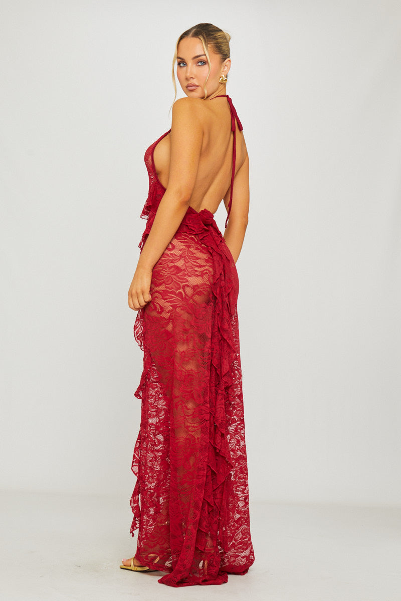 Valantomode | Elegant Wine Lace Halter Maxi Dress with Ruffle Trim
