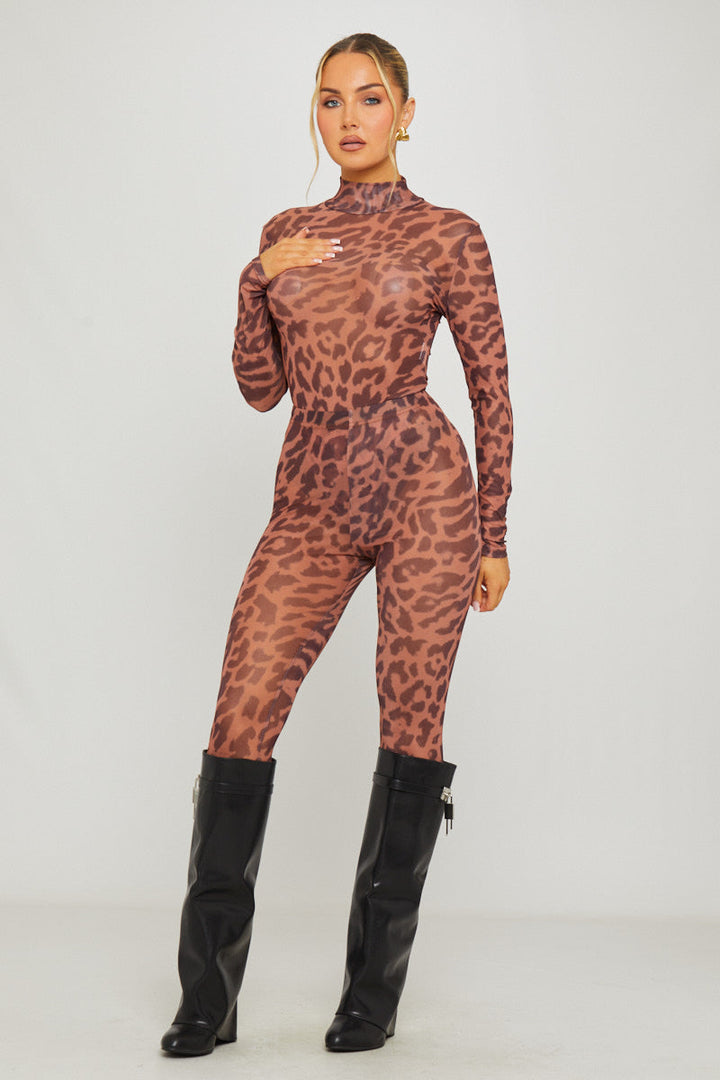 Valantomode | Sheer Leopard Print High Neck Bodysuit & Leggings Set