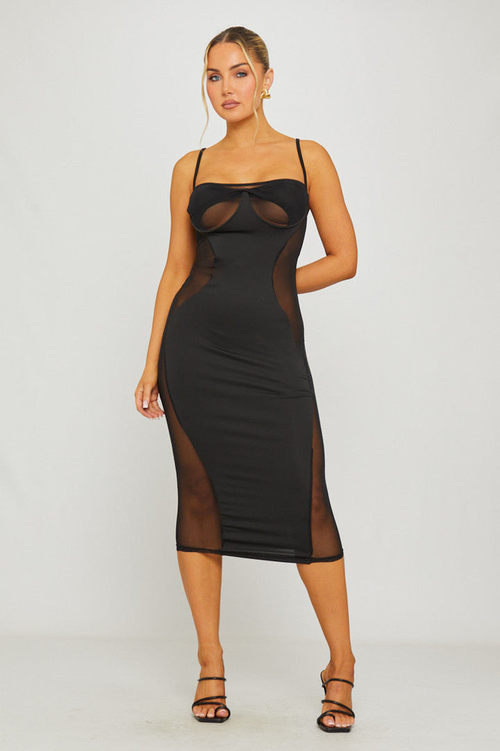 Valantomode | Chic Black Cut-Out Midi Dress with Mesh Panels
