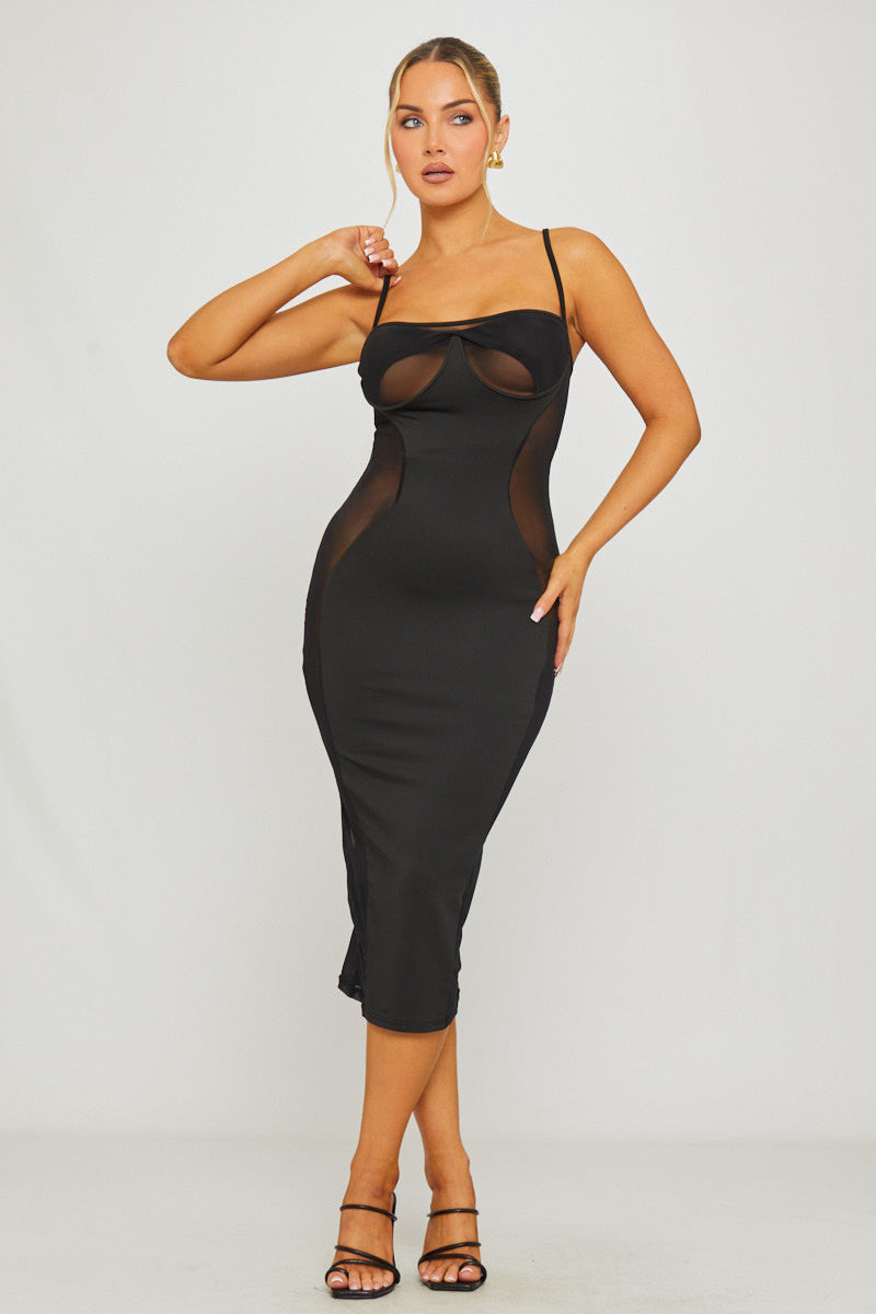 Valantomode | Chic Black Cut-Out Midi Dress with Mesh Panels