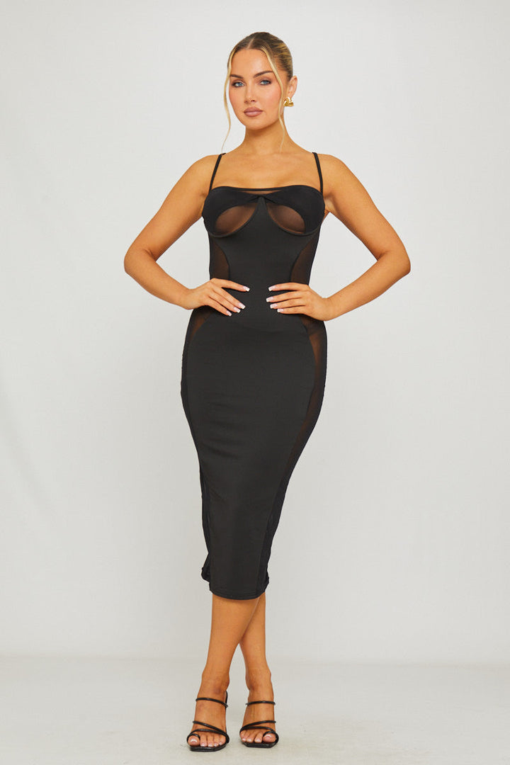 Valantomode | Chic Black Cut-Out Midi Dress with Mesh Panels