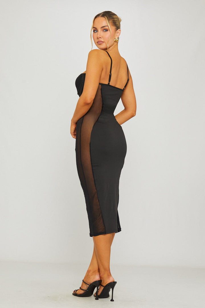 Valantomode | Chic Black Cut-Out Midi Dress with Mesh Panels