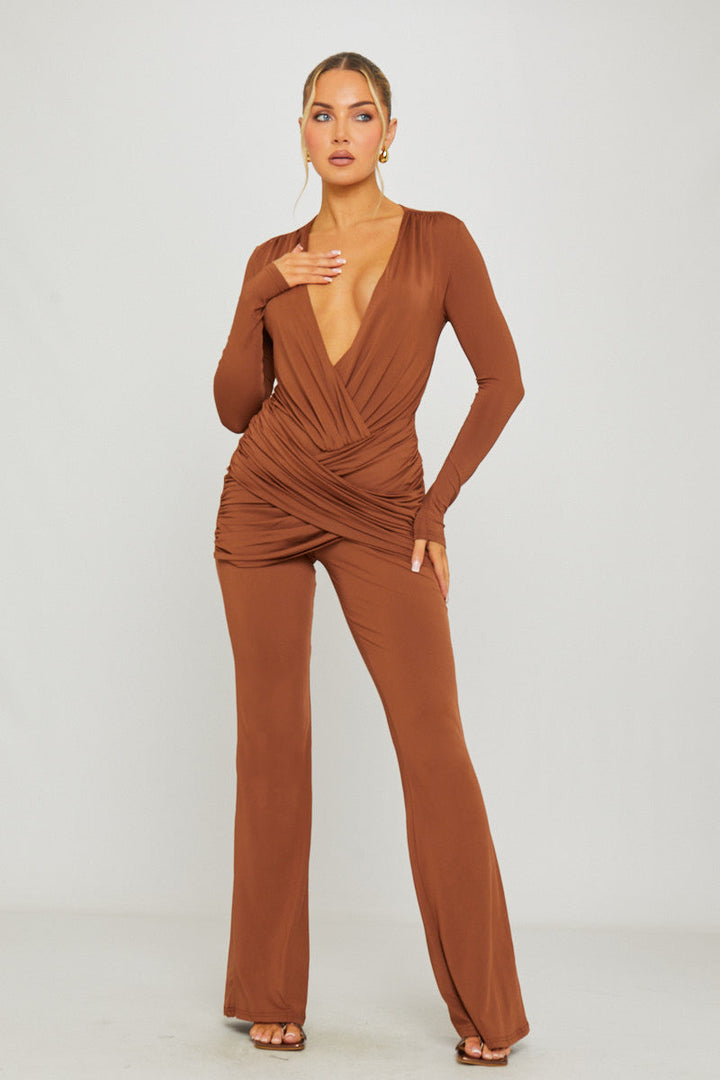 Valantomode | Chic Brown Long Sleeve Plunge Slinky Jumpsuit