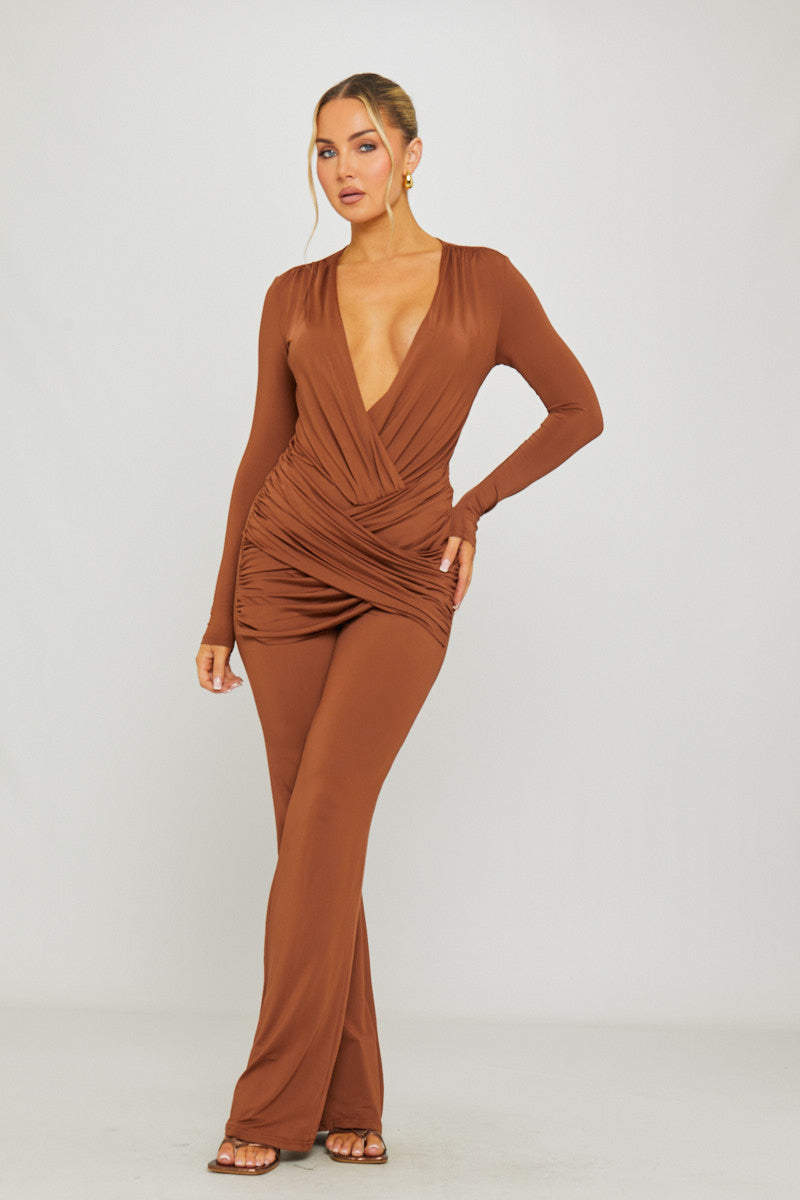Valantomode | Chic Brown Long Sleeve Plunge Slinky Jumpsuit