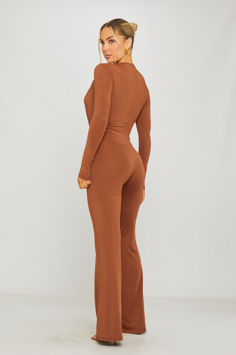 Valantomode | Chic Brown Long Sleeve Plunge Slinky Jumpsuit