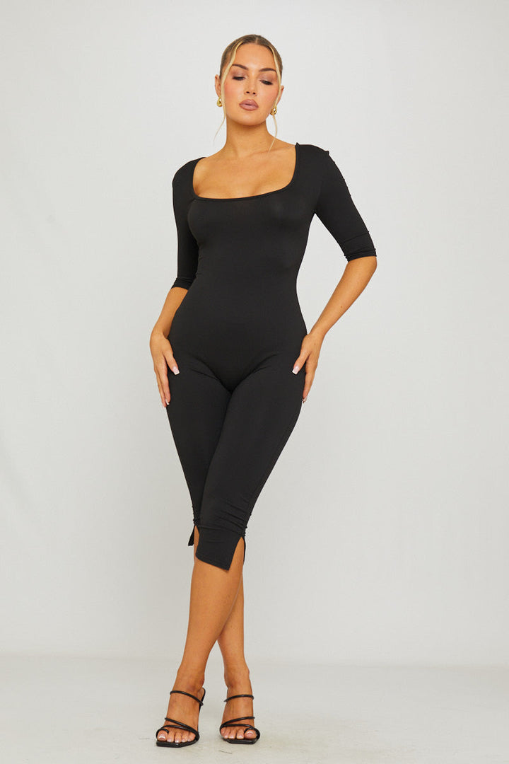 Valantomode | Chic Black Square Neck Capri Jumpsuit with Mid Sleeves
