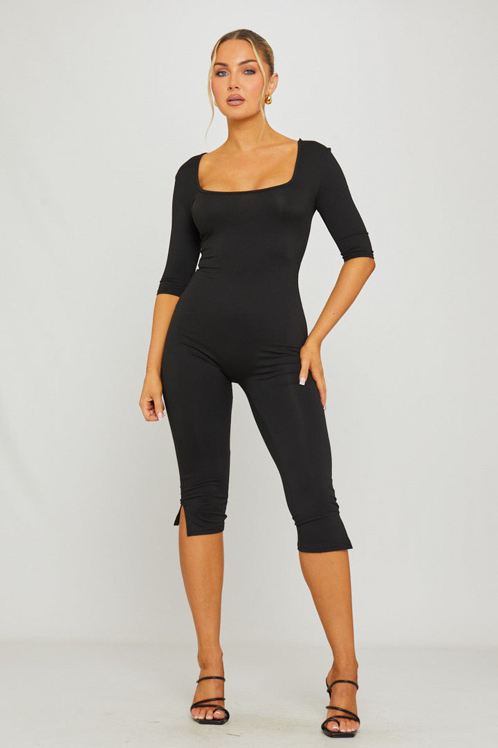 Valantomode | Chic Black Square Neck Capri Jumpsuit with Mid Sleeves