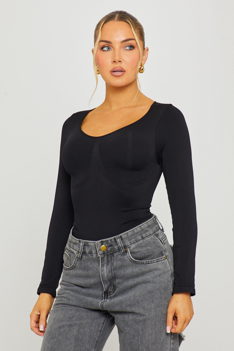 Valantomode | Sleek Black Long Sleeve Sculpting Bodysuit for All-Day Fit