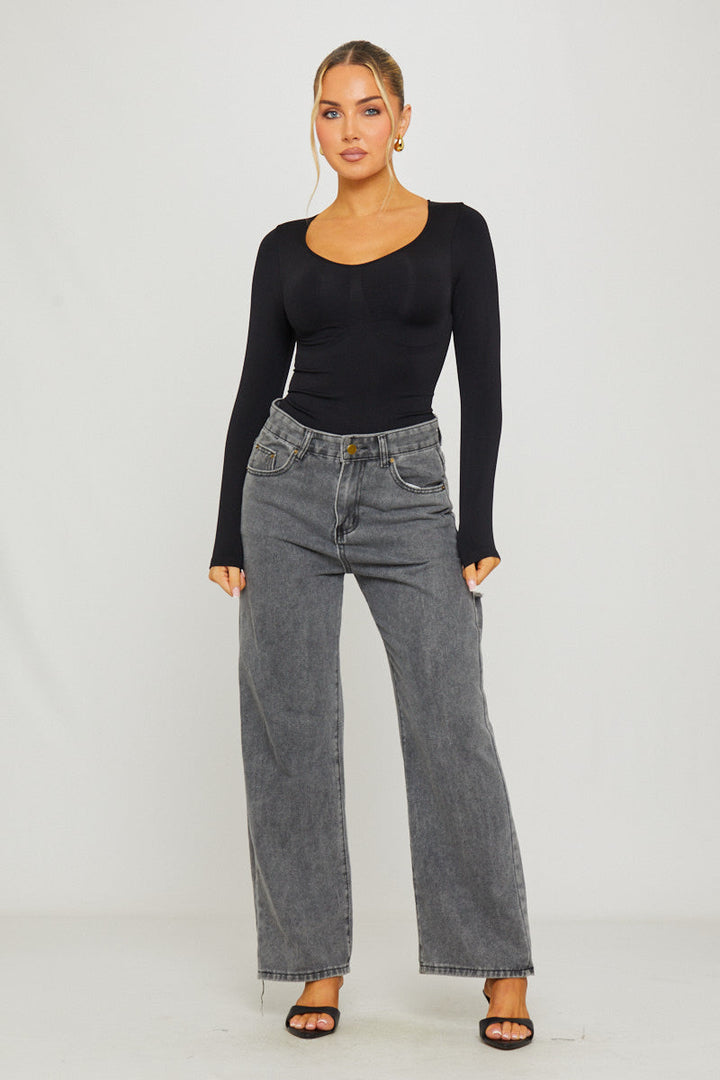 Valantomode | Sleek Black Long Sleeve Sculpting Bodysuit for All-Day Fit