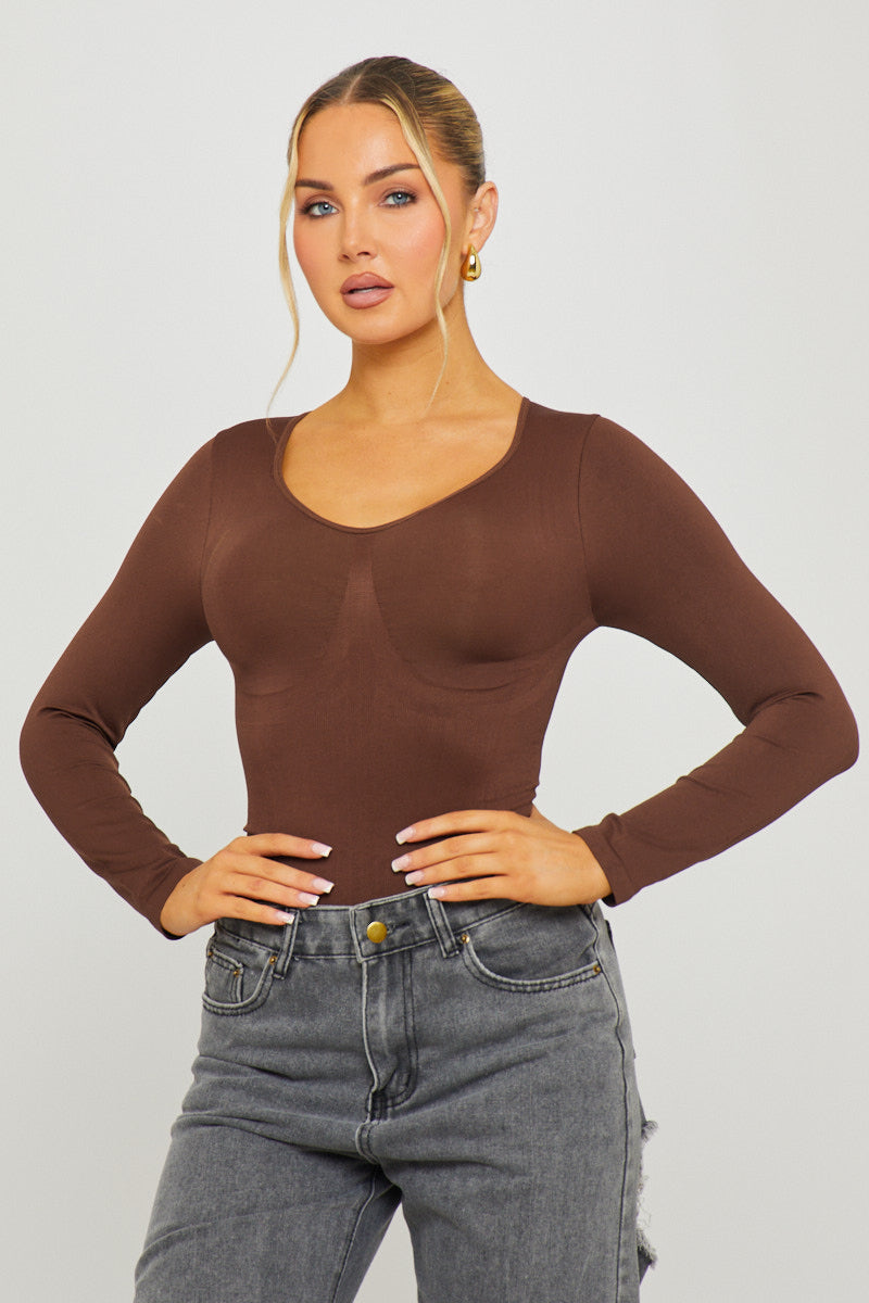 Valantomode | Brown Long Sleeve Sculpting Bodysuit for Effortless Style