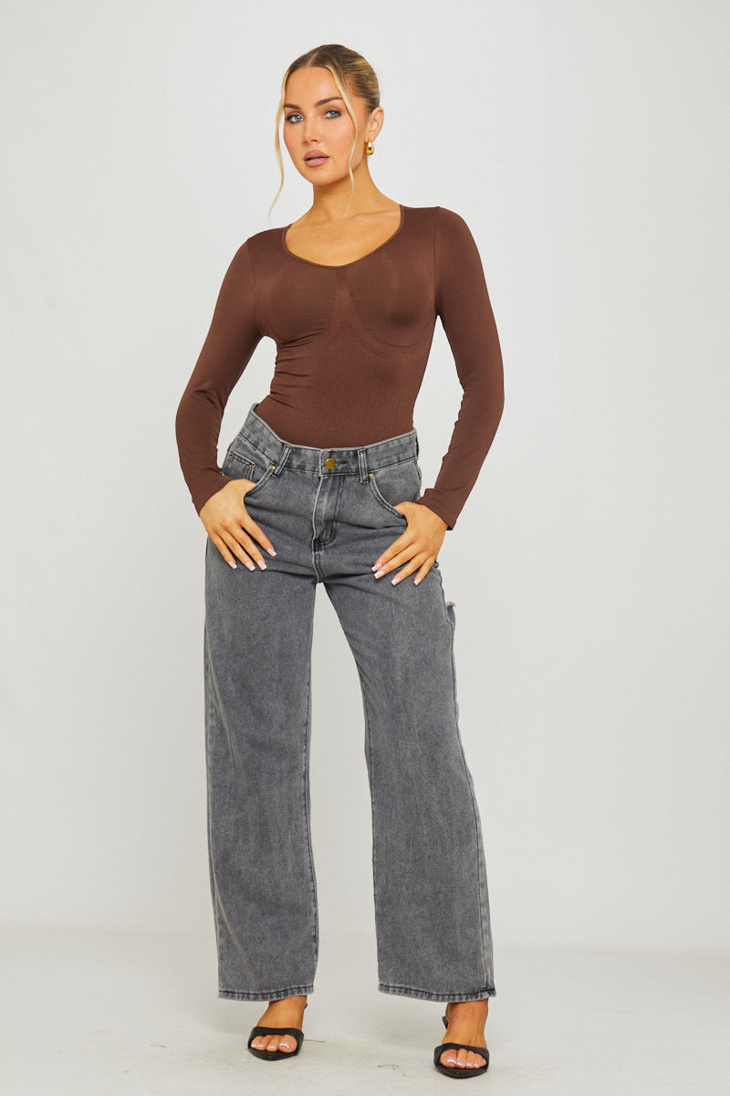 Valantomode | Brown Long Sleeve Sculpting Bodysuit for Effortless Style