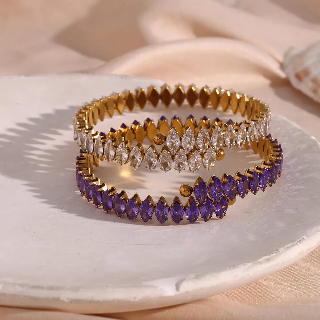 Valantomode | Plated Marquise Cuff Bracelet with Refractive Stone Architecture and Adjustable Geometry
