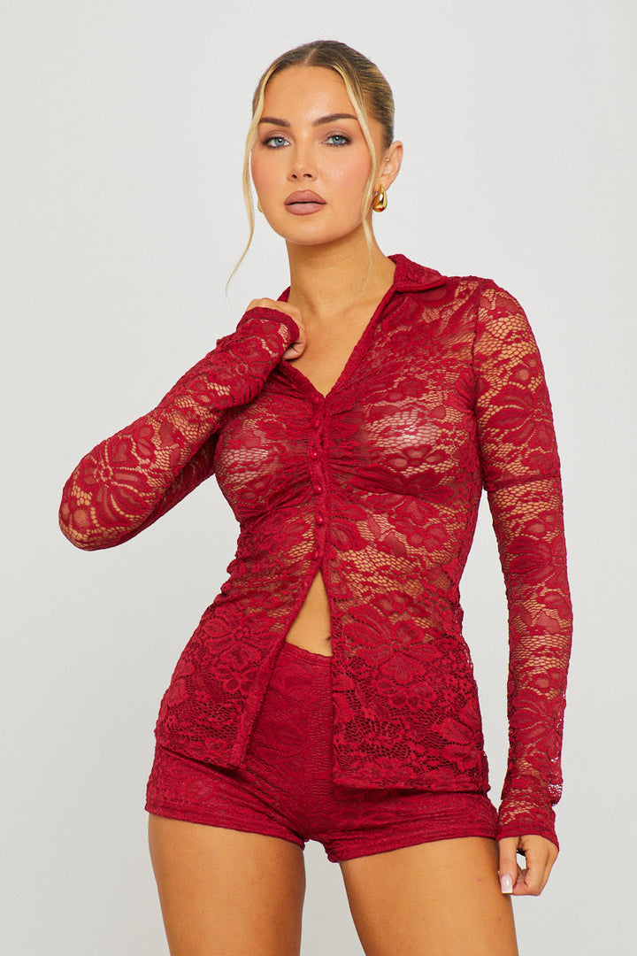 Valantomode | Elegant Wine Sheer Lace Top & Shorts Set