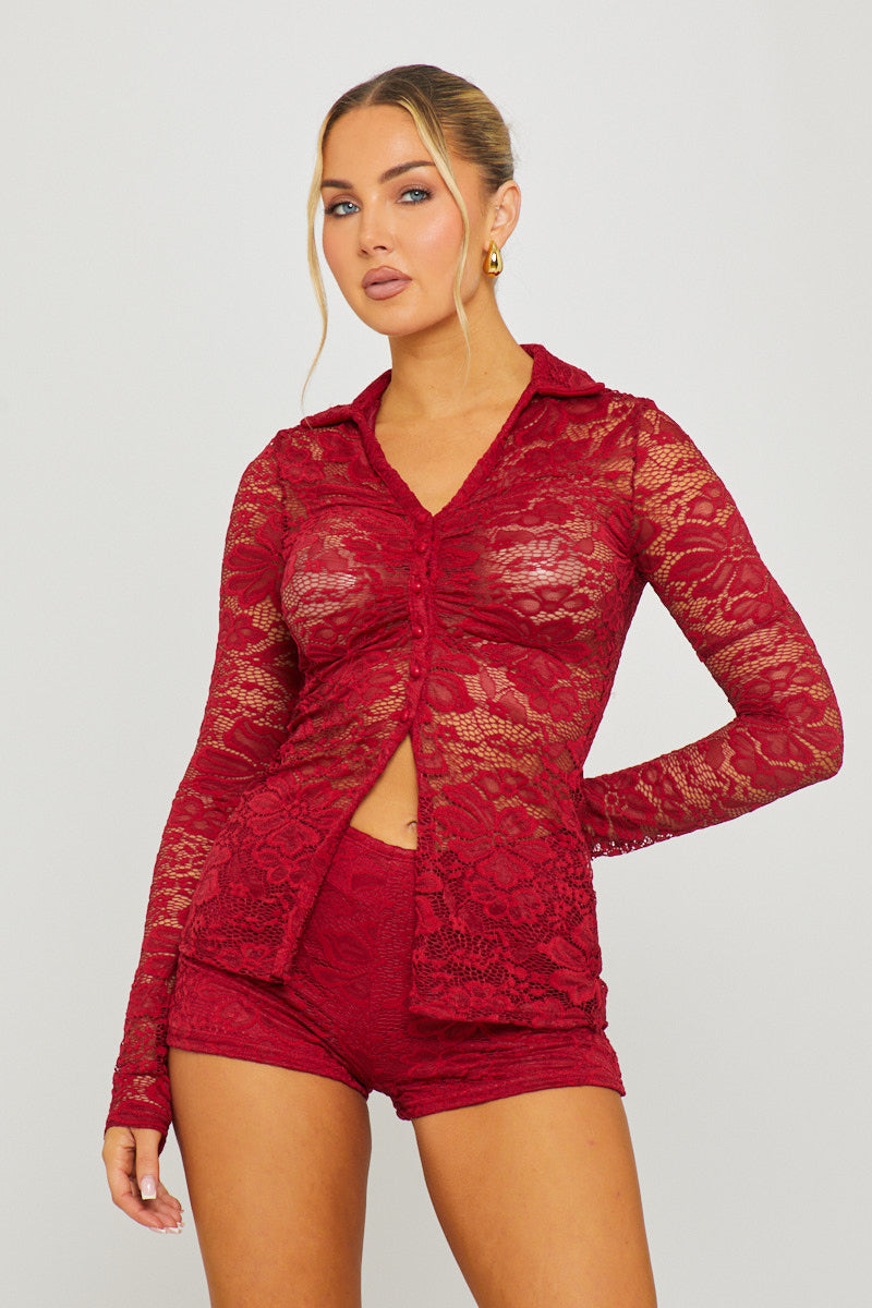 Valantomode | Elegant Wine Sheer Lace Top & Shorts Set