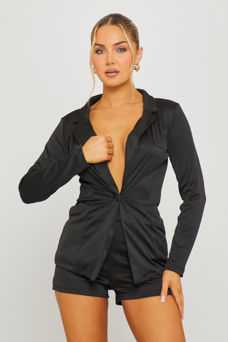 Valantomode | Chic Black Plunge Blazer & Shorts Set for Effortless Style